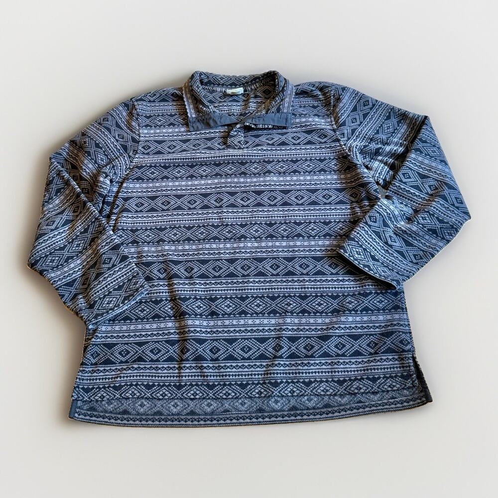 LL Bean Fleece Jacket Sweater Mens Black Aztec Button Neck Mock pullover Size L